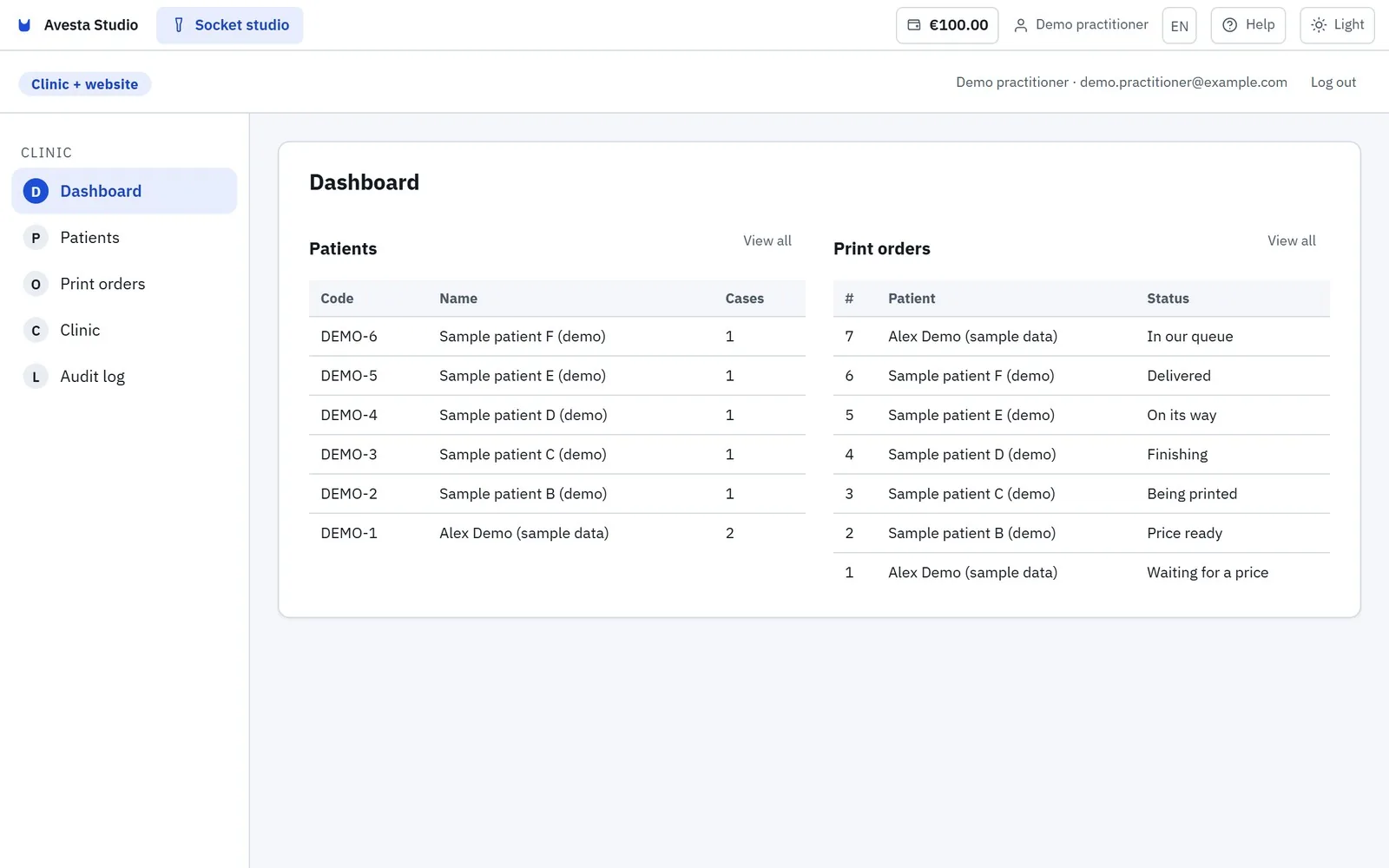 The clinic dashboard